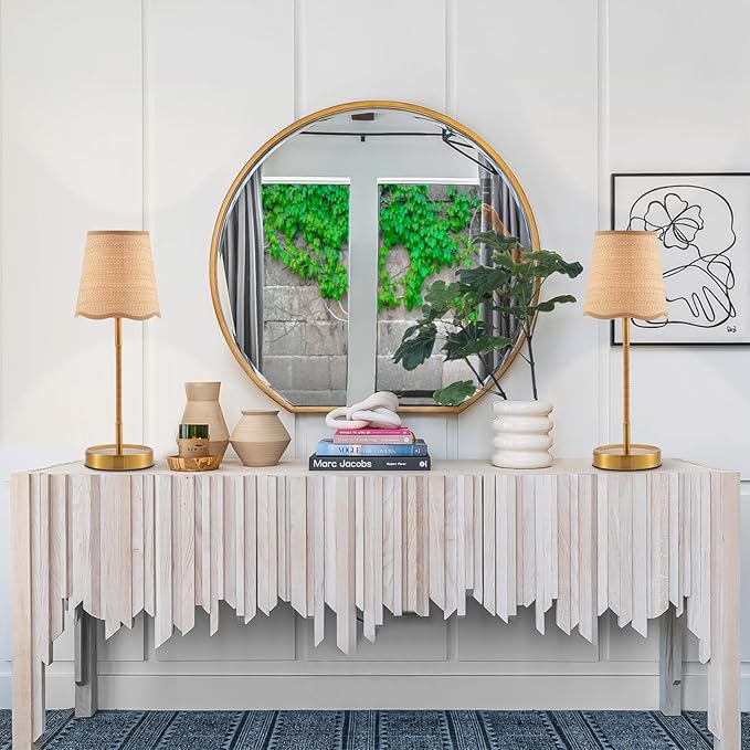 Boho Hand Woven Rattan Table Lamp Natural Wicker Desk Lamp Brass Table Lights for Bedsides Bedroom Table Top Home Office