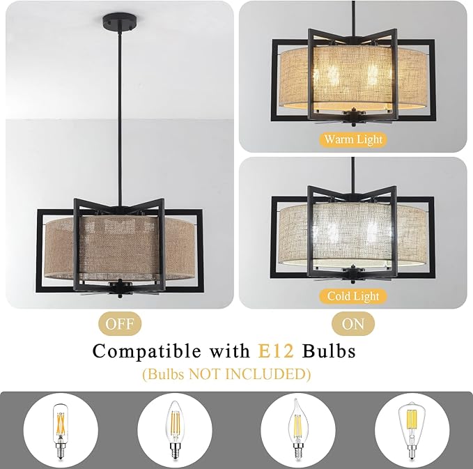 ALISADABOY Modern Black Chandeliers for Dining Room 21.25’’ Inches Contemporary Geometric Drum Chandelier 6 Light Industrial Pendant Light Fixture for Entryway Foyer Hallway