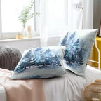 Christmas Throw Pillow Covers 18x18 Set of 2, Rustic Winter Blue Trees Snows Pine Forest Farmhouse Decorative Pillow Cases Cotton Cushion Cover for Home Sofa Couch Decor