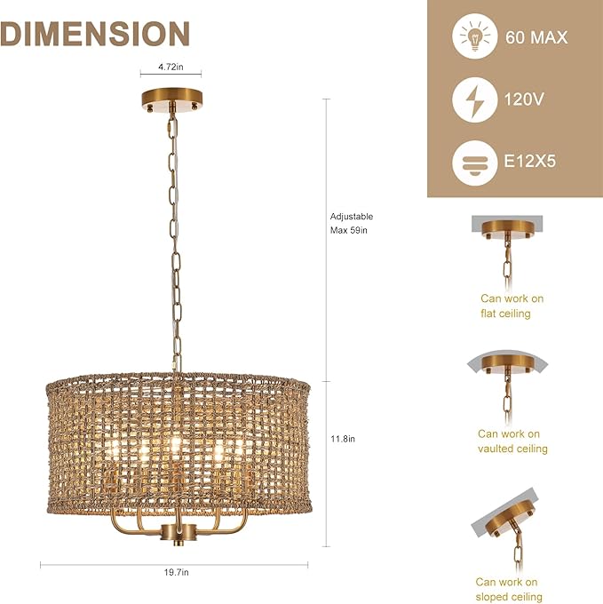 Hand-Woven Rattan Chandelier Vintage Farmhouse Boho Bamboo Golden Chandelier Light Fixture Retro 5-Lights Drum Wicker Gold Chandeliers for Dining Room, Kitchen Island, Living Room, Entryway