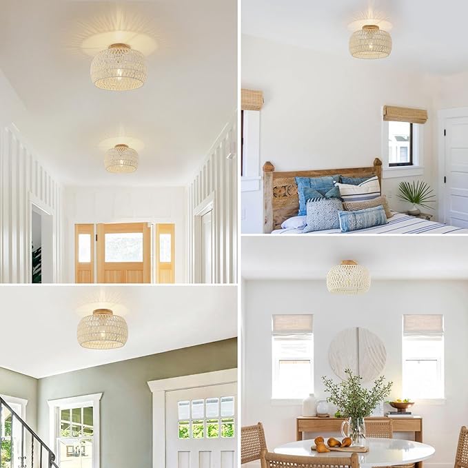 Boho Ceiling Light Fixtures Cream White Rattan Chandelier Light Small Rattan Flush Mount Ceiling Light Hand-Woven Chandelier for Nursery Light Fixture Kitchen Farmhouse Bedroom Chandeliers