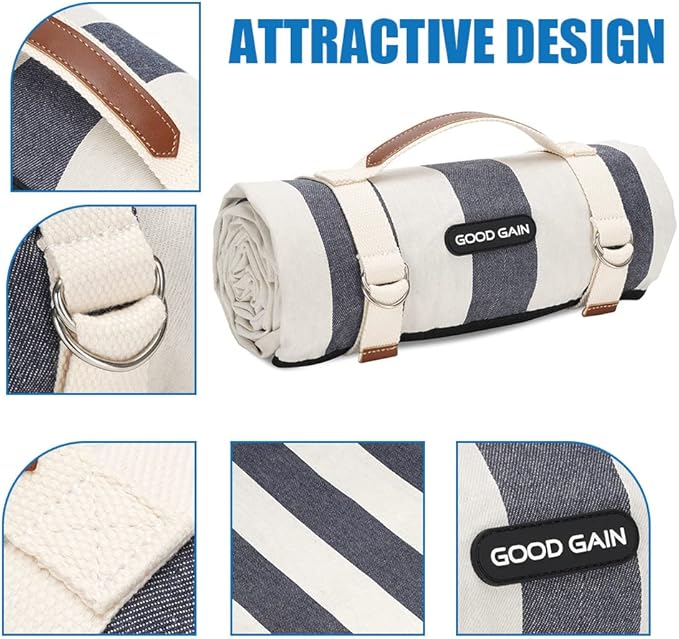 G GOOD GAIN Waterproof Picnic Blanket Portable with Carry Strap for Beach Mat or Family Outdoor Camping Party, Park Blanket for Grass Park, Hiking, Travel, Concerts (Denim Blue)