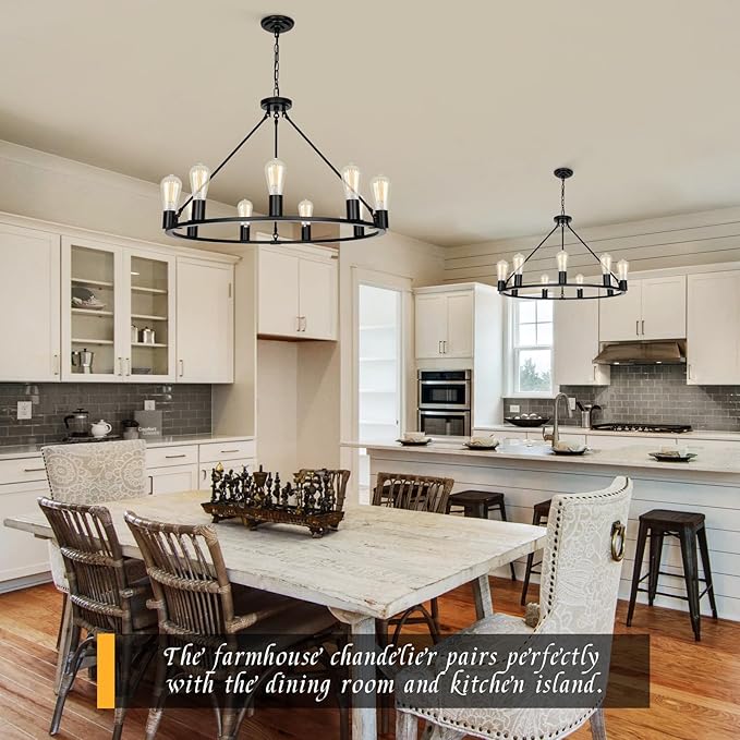 9-Lights Farmhouse Chandelier | Dia 32'' Black Wagon Wheel Chandelier | Rustic Hanging Dining Room Light Fixture | Apply to Living Room | Kitchen Island | Entryway | Foyer