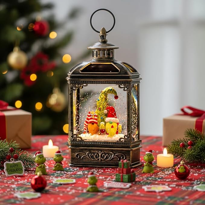 Christmas Snow Globe Lantern Water Glittering Gnomes Scandinavian Santa Elf with Music, USB Lined/Battery Operated Lighted Lantern for Christmas Festival Decoration Gifts