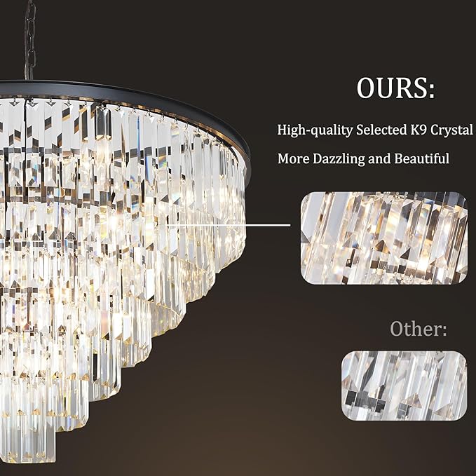 Large Crystal Chandeliers for High Ceiling, 7-Tier Modern Black Top K9 Dining Room Chandelier 17 Lights Luxury Round Ceiling Pendant Light Fixture for Living Room Entryway Staircase Foyer