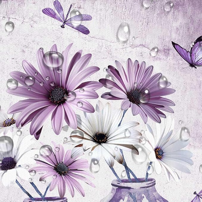 Rustic Farmhouse Purple Floral Shower Curtain, Violet Daisy Flowers Butterfly Dragonfly on Abstract Aesthetic Country Wooden Boho Shower Curtain Set, White Bathroom Accessory Sets with Hooks, 60X70