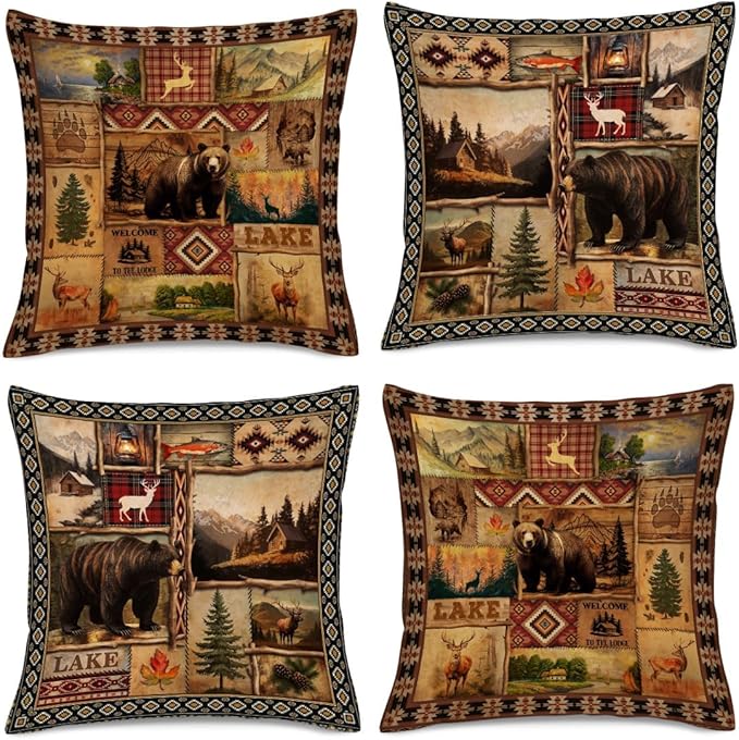 Vintage Rustic Lodge Bear Pillow Covers 18x18 Inch Set of 4, Farmhouse Cabin Throw Pillow Cases for for Couch Bed Sofa Chair Cushion Living Room Decor Brown Cain Pillowcases