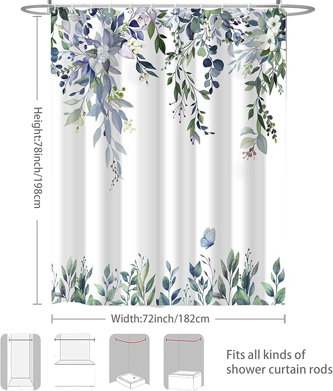 Eucalyptus Shower Curtain, Dark Green Watercolor Leaves with Floral Botanical Bathroom Decor, Waterproof Fabric Bath Curtain Set with Hooks, 72x78 Inches