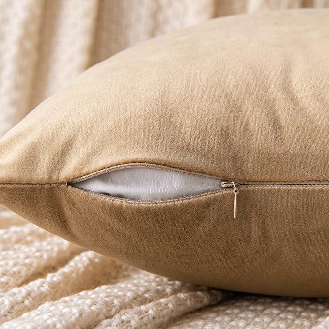 EMEMA Pack of 2 Velvet Throw Pillow Covers Decorative Rectangle Pillowcase Soft Solid Cushion Case for Sofa Bedroom Chair Car 12x20 Inch Khaki