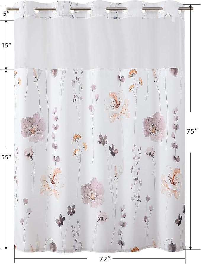 QiyI Flower Shower Curtain with Snap in Liner, Brown Watercolor Floral Cloth for Bathroom, No Hook Shower Curtains with Mesh Top Window, Fabric Waterproof Bathroom Set, 72 x 75 Inch