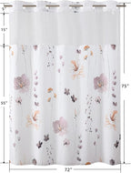 QiyI Flower Shower Curtain with Snap in Liner, Brown Watercolor Floral Cloth for Bathroom, No Hook Shower Curtains with Mesh Top Window, Fabric Waterproof Bathroom Set, 72 x 75 Inch