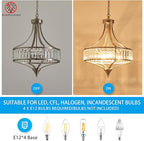 XINGQI Round Crystal Chandeliers for Dining Room Modern 4-Light Rustic Farmhouse Light Fixture Brushed Nickel Pendant Lighting for Living Room Kitchen Island Bedroom