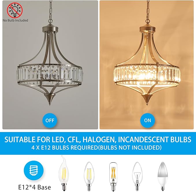 XINGQI Round Crystal Chandeliers for Dining Room Modern 4-Light Rustic Farmhouse Light Fixture Brushed Nickel Pendant Lighting for Living Room Kitchen Island Bedroom