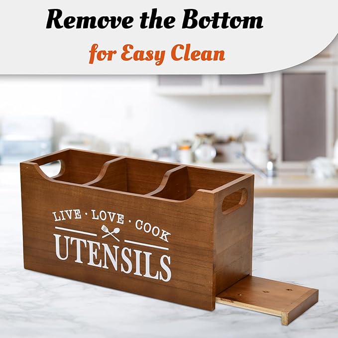 Kitchen Utensil Holder with Drainage Bottom, Large 3 Compartments Solid Real Wood Utensil Organizer for Kitchen Counter, Farmhouse Cooking Tools Storage for Countertop, Brown
