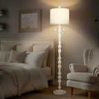 65.5” Natural Real Wood Floor Lamp for Living Room Bedroom, Dual S Cluster Socket, Pull Chains Switch, Farmhouse Tall Standing Lamp with Linen Shade for Home Room Decor (Bulbs Included)