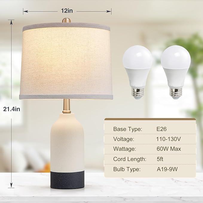 Luvkczc Modern Ceramic Lamps for Bedrooms Set of 2, 3-Color Temperature Table Lamp Bedside Nightstand Desk Reading Lamp with Fabric Drum Shade for Bedroom, Living Room, 2 Bulbs Included (21.4")