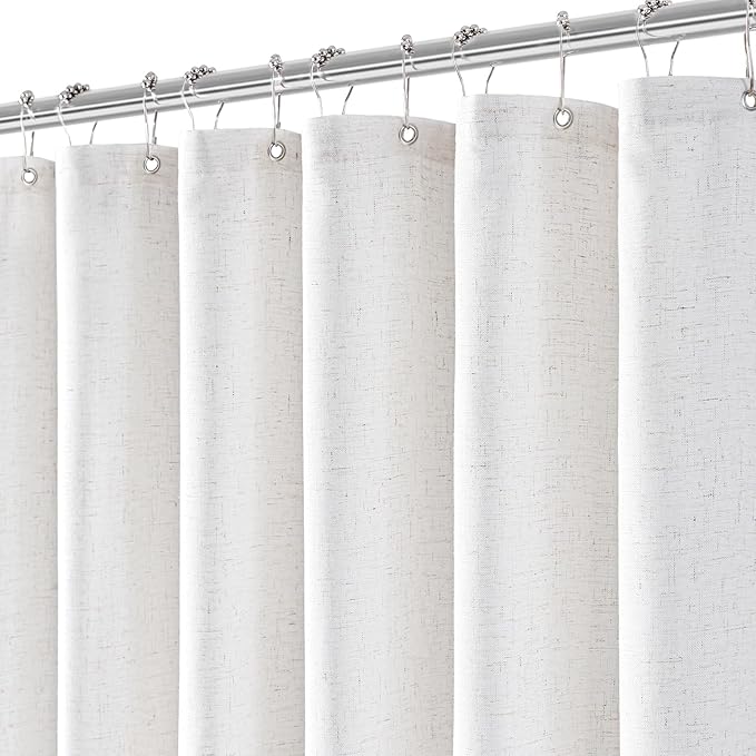 Linen Shower Curtain with 12 Hooks Modern Heavy Duty Washable Fabric Curtain Set Waterproof Thick Cloth Shower Curtains for Bathroom Bathtub Washable, 72x96,Linen White