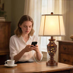 Lamps for Night Stands Set of 2-23.5" Vintage Bedside Lamp with USB A+C and Nightlight - Brown Retro Carved Resin Farmhouse Desk Lamp for Bedrooms, End Tables, Living Room, Bulbs Included