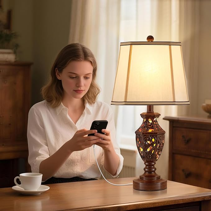 Lamps for Night Stands Set of 2-23.5" Vintage Bedside Lamp with USB A+C and Nightlight - Brown Retro Carved Resin Farmhouse Desk Lamp for Bedrooms, End Tables, Living Room, Bulbs Included