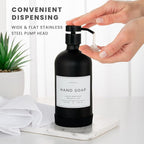 16oz Glass Soap Dispenser with Stainless Steel Pump, 21 Waterproof Labels, Non-Slip Protective Silicone Pad, Set of 2 for Bathroom & Kitchen (Matte Black Bottle/Black Pump)