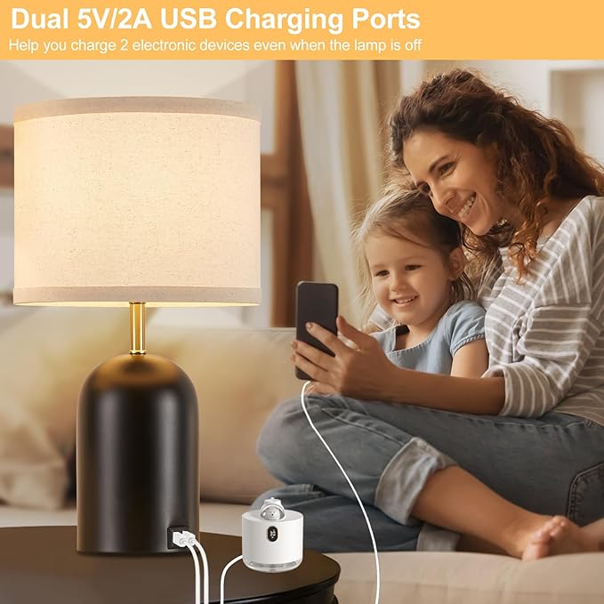 Touch Control Table Lamps Set of 2, Modern Bedside Lamp with 2 USB Ports, 3-Way Dimmable Gold and Black Nightstand Lamp with Fabric Shade for Living Room Bedroom Office Dorm(LED Bulbs Included)