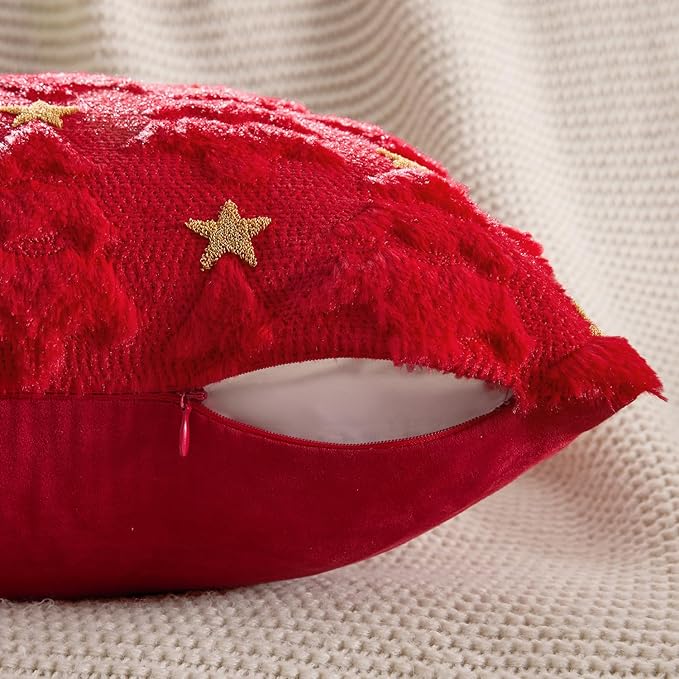 MIULEE Christmas Pillow Covers 18x18 Inch Set of 2, Red Christmas Tree Plush Faux Fur Pillowcases Soft Decorative Throw Pillow Cases for Couch Sofa Living Room Winter Xmas Holiday Home Decor