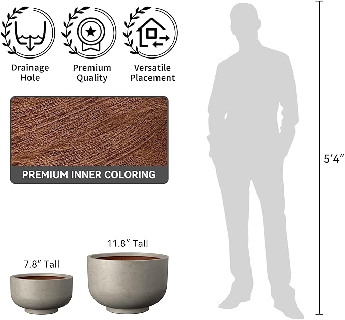 Kante 17.7 Inch Dia Concrete Bowl Planter, Large Tapered Bottom Plant Pot with Drainage, Smooth Weathered Concrete Finish with Warm Brown Interior, Ideal for Porch, Home, Garden, Patio