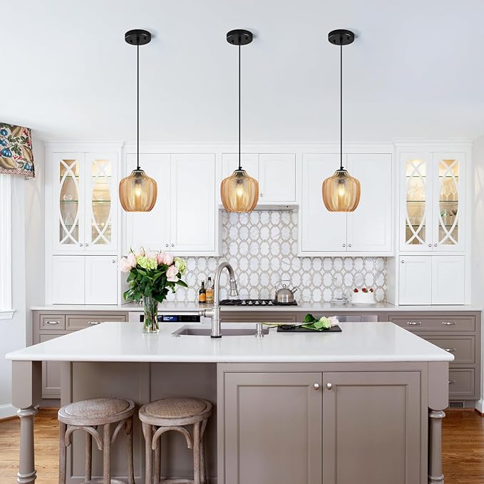 Amber Glass Pendant Lights Kitchen Island 1 Pack 6.29 in Glass Globe Pendant Light Fixture Adjustable Modern Farmhouse Pendant Lighting for Bedroom Dining Room
