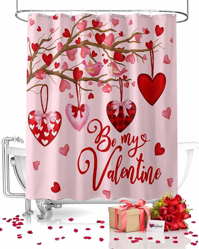 Vandarllin Pink Shower Curtain, Red Love Heart Tree Shower Curtains Set with Hooks, Waterproof Fabric Bathroom Curtains Decor Home Accessories, Stall Long 54 X 78 Inch