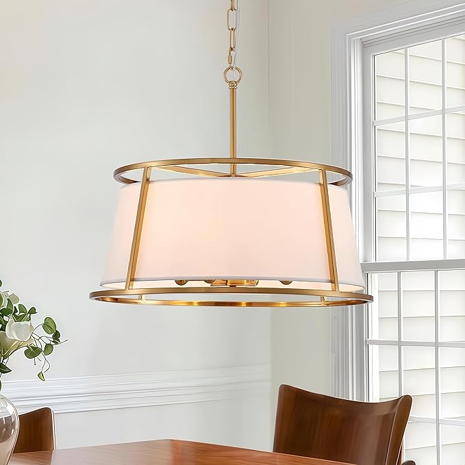 Shrine Lighting Drum Chandeliers, Modern Style, Perfect Pendant Light Fixture for Dining Room, Living Room, D20'' x H9'', Adjustable Chains 59'', E12*4 Sockets, White Lampshade & Brass Finish Frame