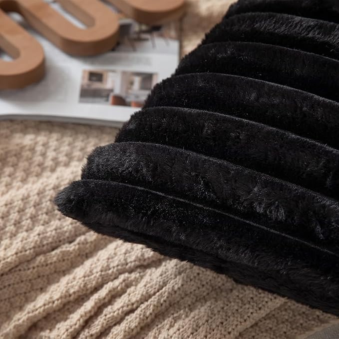 DEELAND Pack of 2,Double-Sided Faux Fur Plush Decorative Throw Pillow Covers Fuzzy Striped Soft Pillowcase Cushion Covers for Sofa Couch Bedroom Black 26x26 inch