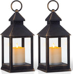 Vintage Golden Brushed Black Lantern Decorative LED Flickering Flameless Candle with Timer, Battery Powered LED Decorative Hanging Lanterns for Indoor Outdoor Garden Yard Home Decor(2 Pack)