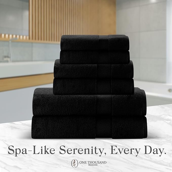 Premium Staple Cotton Bathroom Towel Set - Black 600 GSM 6-Piece Luxury Bath Towel Set 1 Stripe - 2 Bath Towels, 2 Hand Towels & 2 Washclothes Set - High Absorbent & Quick Dry for Gym, Spa, Hotel