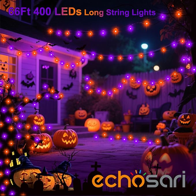 echosari Connectable 400 LED Halloween String Lights, Motion Sensor Scary Sound 66Ft Orange and Purple Halloween Lights Outdoor Waterproof 4 Sound Effects for Yard Party Tree Decor