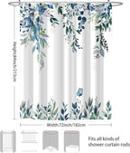 Eucalyptus Shower Curtain, Dark Blue Watercolor Leaves with Floral Botanical Bathroom Decor, Waterproof Fabric Bath Curtain Set with Hooks, 72x84 Inches