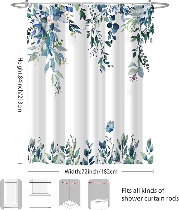 Eucalyptus Shower Curtain, Dark Blue Watercolor Leaves with Floral Botanical Bathroom Decor, Waterproof Fabric Bath Curtain Set with Hooks, 72x84 Inches