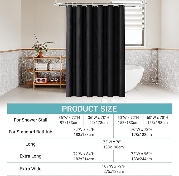 Black Shower Curtain Set for Bathroom, Heavy Duty Cloth Fabric Bath Curtain Set with 12 Plastic Hooks Simple Hotel Spa Quality Luxury Shower Curtains for Bathroom, Water Repellent, 72Wx72L