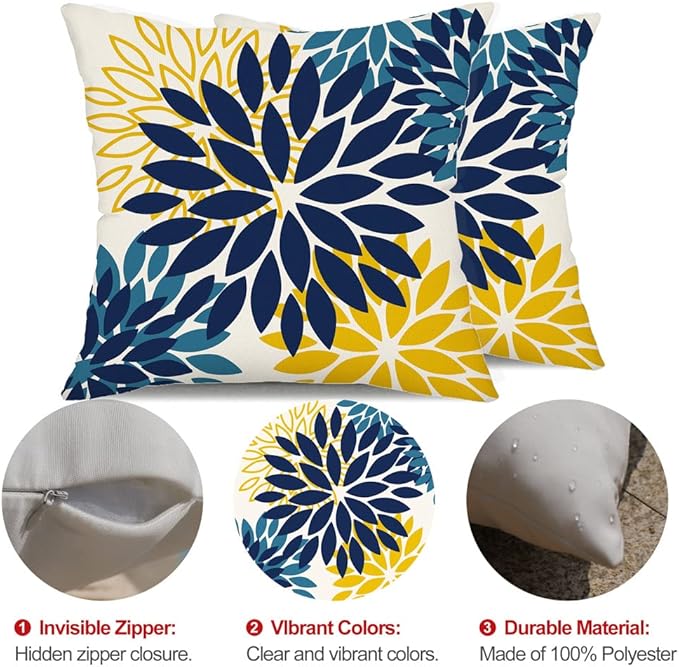 DFXSZ Blue Yellow Flower Pillow Covers 18x18 Inch Set of 2 Outdoor Throw Pillows Outdoor Waterproof Decor for Living Room Sofa Patio Funiture Garden Floral Polyester Pillow Covers 012D18