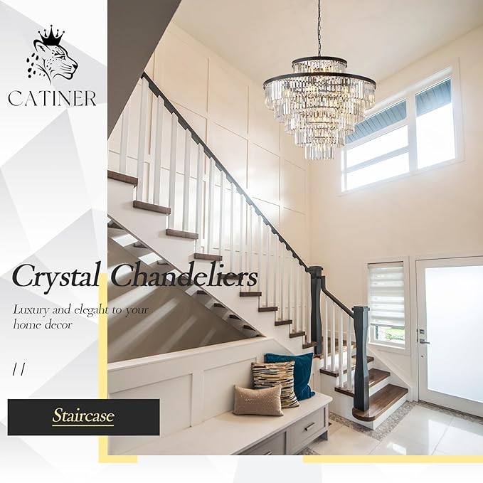 Large Crystal Chandeliers 23 Lights 36" Modern Black Luxury Chandelier for Foyer Staircase Chandeliers 6 Tiers Round K9 Ceiling Pendant Lighting Fixture for Living Dining Room