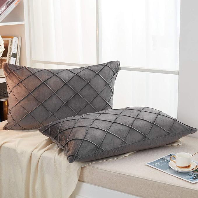 JAUXIO Diamond Pinch Pleated Crystal Velvet Pillowcases 2 Pack Solid Pintuck Throw Cushion Cover for Home Decor Hidden Zipper Closure (Dark Grey, King)