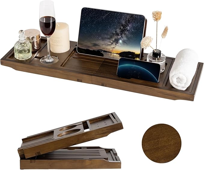 Teak Bathtub Tray Expandable Bathroom Tray for Home Spa Relaxation, Wooden Tray Caddy for Bathtub, Teak Bathtub Caddy as Unique Housewarming, Birthday, Wedding Shower Gifts (Walnut Teak)