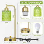Green Table Lamp with USB Port and Outlet Set of 2, Glass Bedside Table Lamp for Bedroom, Retro Desk Lamps for Home Office, Mid Century Modern Small Night Stand Lamps, Gold Rustic Desk Light