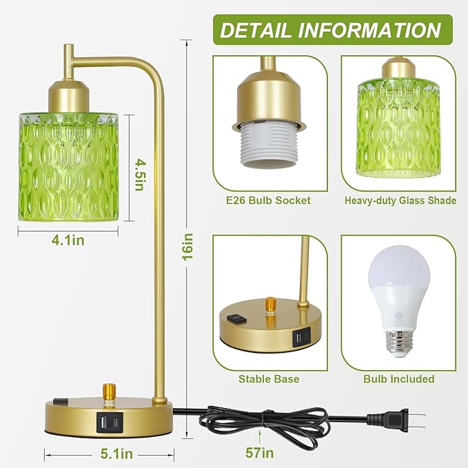 Green Table Lamp with USB Port and Outlet Set of 2, Glass Bedside Table Lamp for Bedroom, Retro Desk Lamps for Home Office, Mid Century Modern Small Night Stand Lamps, Gold Rustic Desk Light