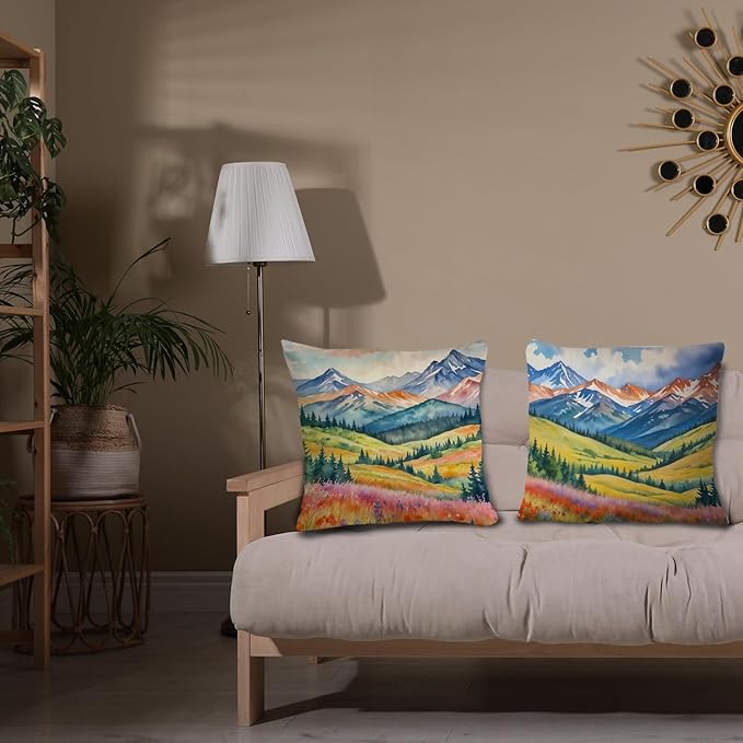 JINYO Watercolor Wildflower Mountain Scenery Pillow Covers 18x18 Set of 2, Maximalist Vibrant Nature Landscape Decorative Pillow Covers for Living Room Bedroom Home, Nature Room Decor