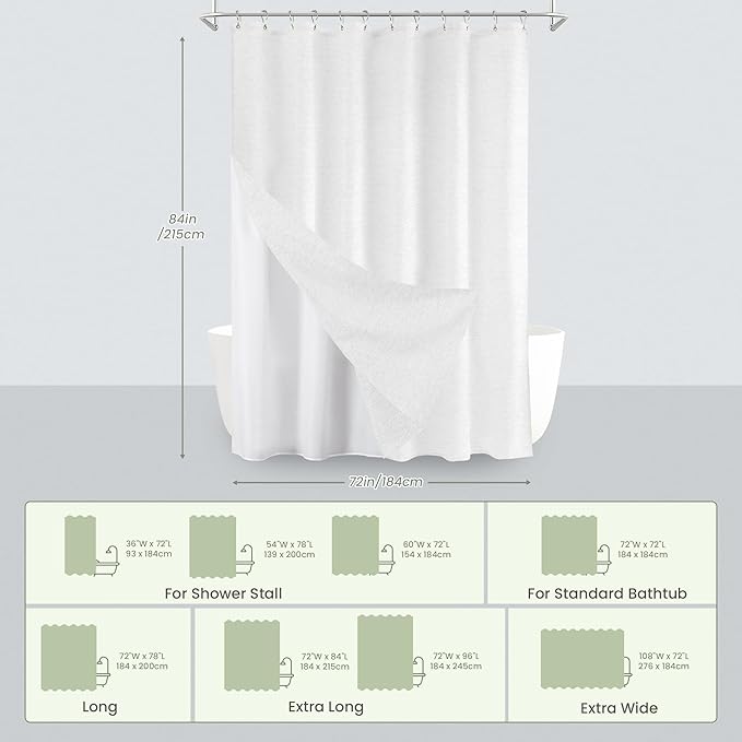 Inhousolu Boho Farmhouse Shower Curtain with Fabric Liner Set, Faux Linen Textured, 14 Metal Hooks Luxury Weighted Hem, Washable Wrinkle Free Bath Curtain for Hotel Bathroom 72" W x 84" L White