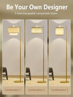 64" Modern Floor Lamp for Living Room Bedroom, Arc Floor Lamp with 3 Color Temperatures, Standing Lamp with Double Oatmeal Linen Lampshade, Tall Lamp with A19 12W LED Bulb, Foot Switch Control, Gold