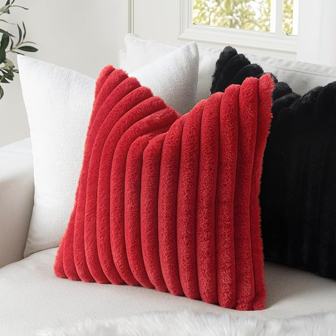 MIULEE Faux Fur Christmas Decorative Throw Pillow Covers 18x18 Inch Set of 2, Modern Spring Home Decor Soft Plush Couch Pillows Cozy Fluffy Cushion Covers for Sofa Bed Red