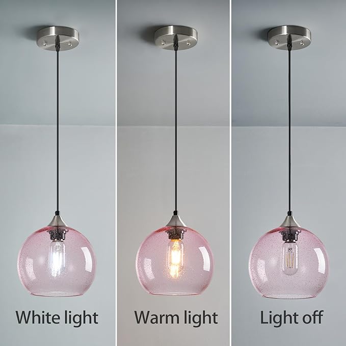 Pink Glass Pendant Lights Kitchen Island Lighting Globe Pendant Light Fixtures Modern Pendant Lighting for Bedroom Living Dining Room Light Fixture (7.87 in, 1 Pack)