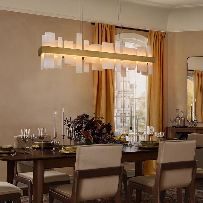 Alabaster Rectangle Chandelier, 48" Natural Spanish Marble Stone Texture Dimmable Alabaster Chandelier for Kitchen Island, Modern Luxury Lighting High Ceiling Light for Dining Room over Table