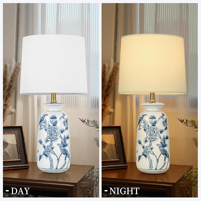 24.25" Blue Ceramic Table Lamp for Living Room, Classic Blue and White Lamp for End Table, Blue Birds and Flowers Lamps, Traditional China Nightstand Lamp for Bedroom